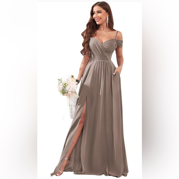Off The Shoulder Chiffon Ruffle Pleated Formal Evening Dress with Pockets - Picture 1 of 11